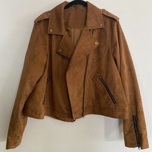 Cognac Faux Suede Moto Jacket
